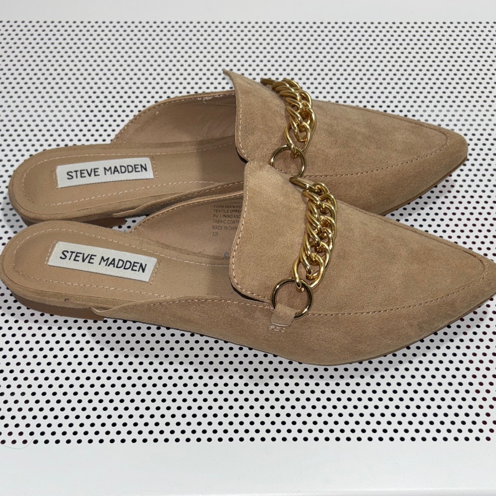 #6. 🆕 NWOT Steve Madden Forseen Tan Suede Mules with Gold Chain - Picture 2 of 9